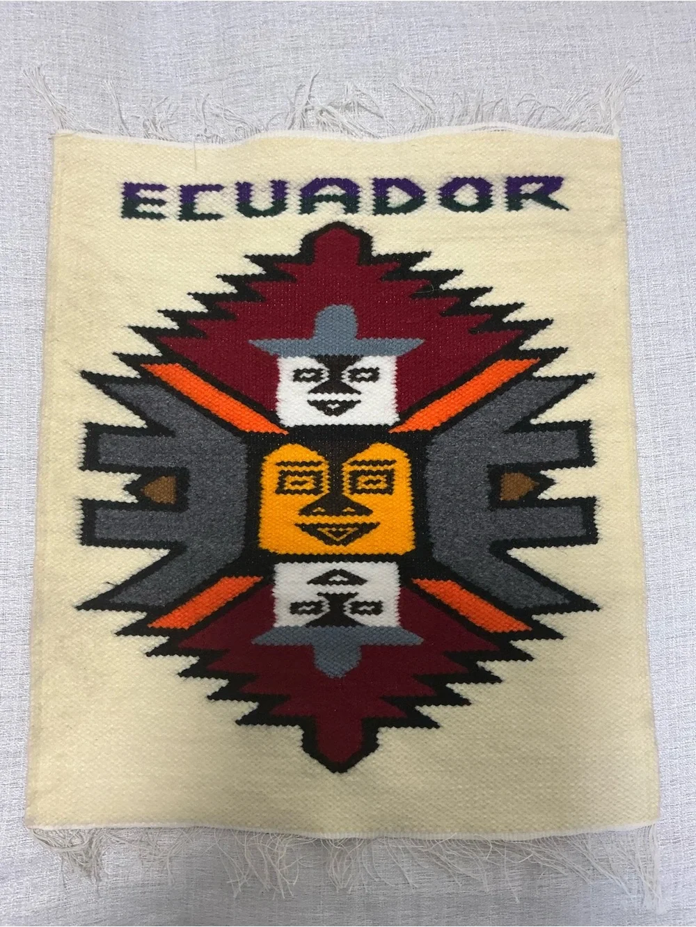 Vintage Ecuadorian Hand Woven Wool Tapestry Wall Hanging Ecuador Sun Folk Art